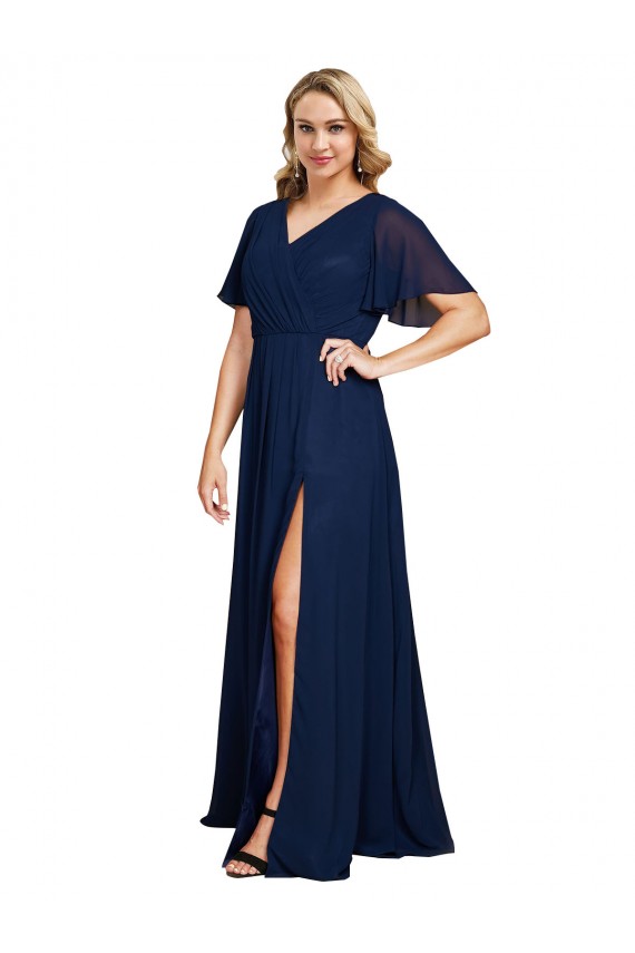 Inexpensive Chiffon V-Neck Short Sleeves Long Prom Dress with High Slit UK