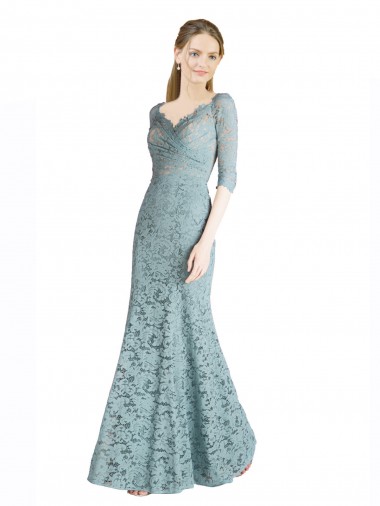 Inexpensive Half Sleeves Pleated Lace Prom Dress with Wrap-Around Portrait Neckline UK
