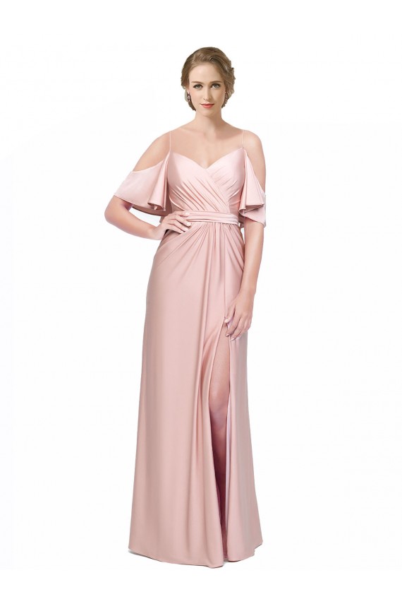 Inexpensive Draped Cold Shoulder Sleeves Long Silky Satin Prom Dress with Slit and Tie Back UK