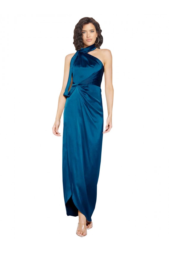 Inexpensive High Halter Neck Silky Satin Prom Dress with Sash Overlay and Side Split UK