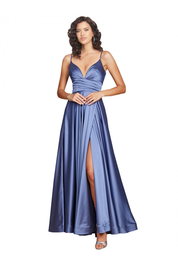 Inexpensive Deep V-Neck Sweetheart Long Silky Satin Prom Dress with Thigh High Slit UK