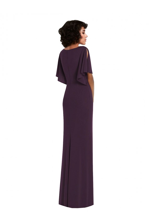 Inexpensive Faux Wrap Split Sleeves Maxi Spandex Prom Dress with Cascade Skirt UK