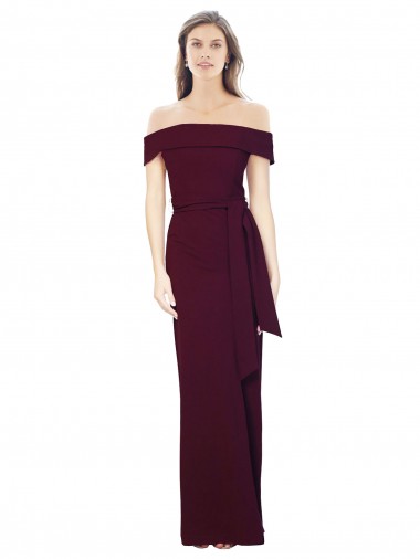 Inexpensive Off the Shoulder Long Crepe Prom Dress with Waist Tie UK