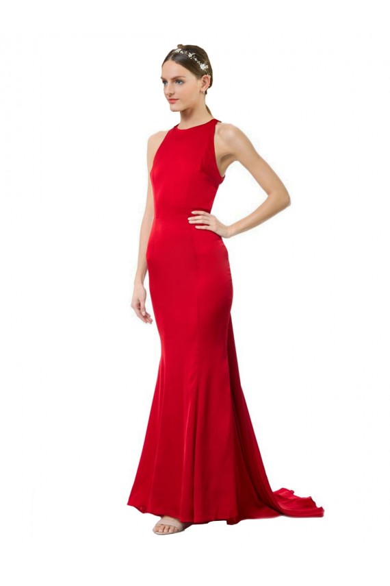 Inexpensive High Neck Mermaid Open Back Crepe Maxi Prom Dress with Train Detail UK