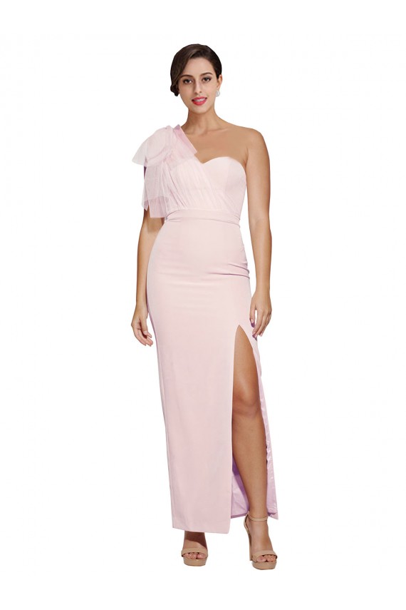 Inexpensive One Shoulder Tulle Overlay Sweetheart Neckline Long Crepe Prom Dress with Thigh Split UK