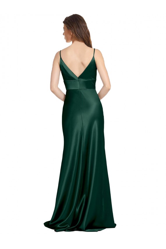 Inexpensive High V-Neck Long Full Length Sheath Stretch Satin Prom Dress UK