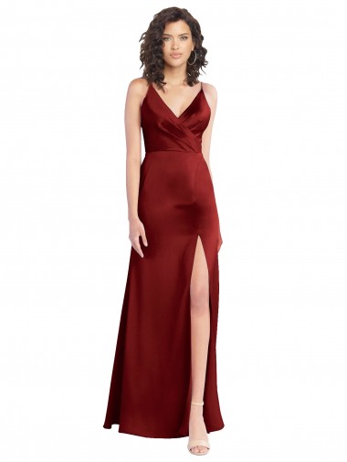 Inexpensive Faux Surplice Neckline Long Slim A-Line Stretch Satin Prom Dress UK