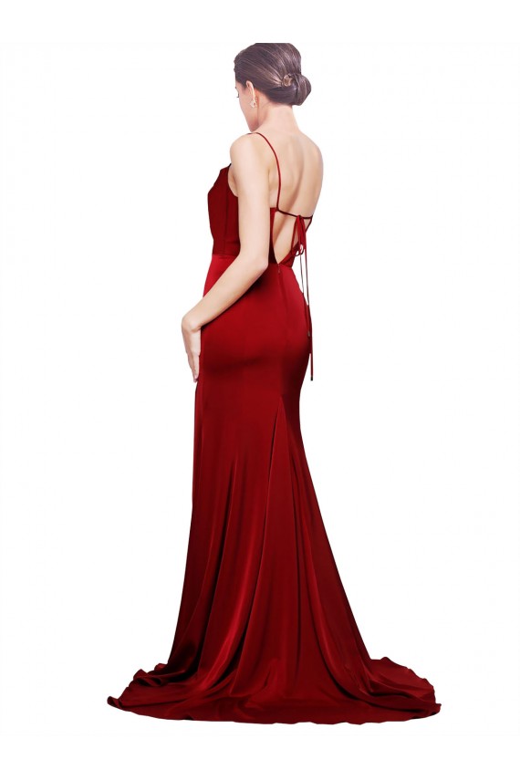 Inexpensive Cowl Front Neck Sweep Train Stretch Satin Prom Dress with High Side Split UK