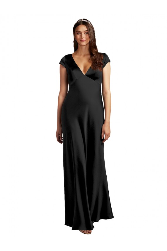 Inexpensive Plunging V-Neck Cap Cleeves Long Stretch Satin Prom Dress with Keyhole Back UK