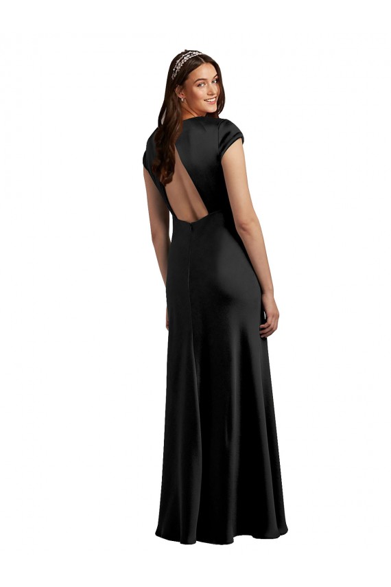Inexpensive Plunging V-Neck Cap Cleeves Long Stretch Satin Prom Dress with Keyhole Back UK
