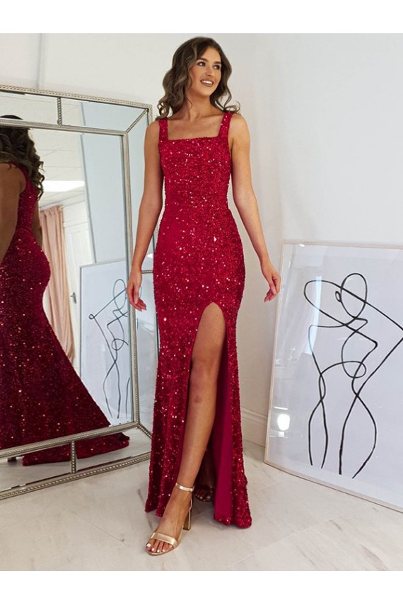 Inexpensive Square Neck Sleeveless Long Velvet Sequin Prom Dress with Slit UK