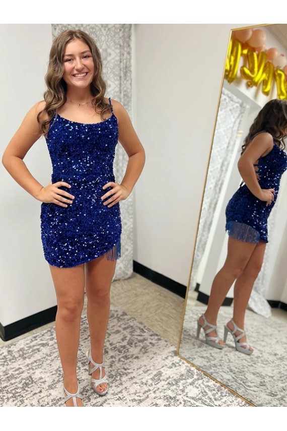 Inexpensive Spaghetti Straps Backless Sleeveless Short Velvet Sequin Prom Dress UK
