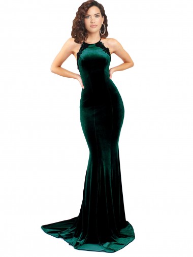 Inexpensive High Neck Stretch Velvet Prom Dress with Black Lace Embroidery UK