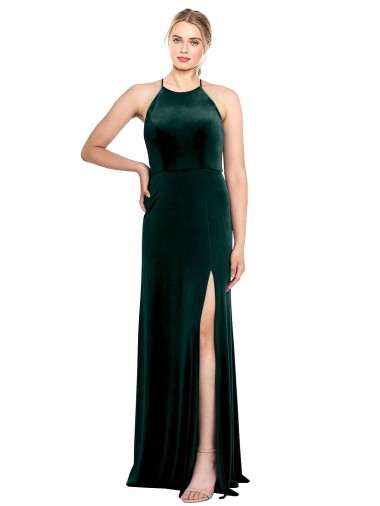 Inexpensive Long Jewel Neck Full Length Velvet Prom Dress with Side Slit UK
