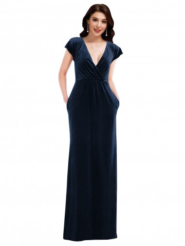 Inexpensive Flutter Sleeve Wrap Bodice Velvet Maxi Prom Dress with Pockets UK