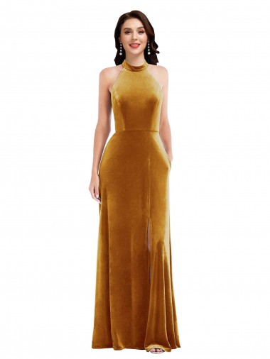 Inexpensive High-Neck Halter Velvet Maxi Prom Dress with Front Slit UK