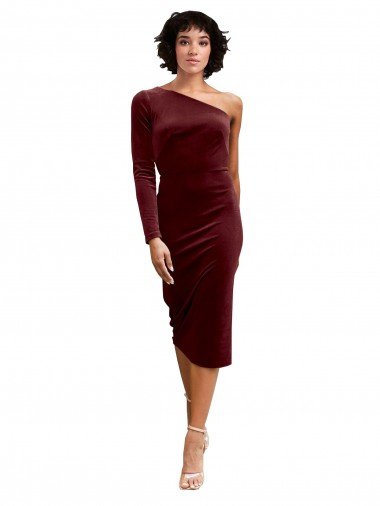 Inexpensive One Shoulder Fitted Short Midi Length Velvet Prom Dress UK