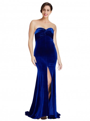 Inexpensive Strapless Ruched Velvet Prom Dress with Sweep Train and Front Slit UK